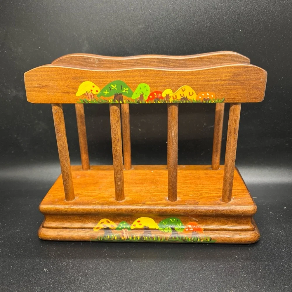 Vintage Mushroom Wood Napkin or Mail Holder Mid Century Modern MCM Dark Brown